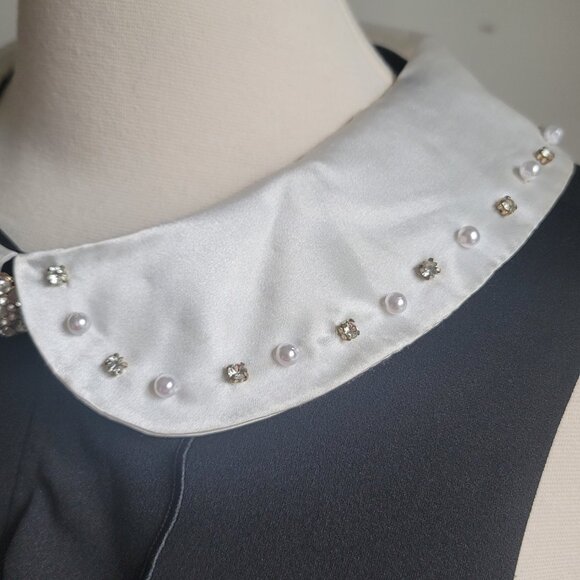Betsey Johnson Black Peter Pan Collar Rhinestones Faux Pearls Shift Dress Size 6 - Picture 9 of 16